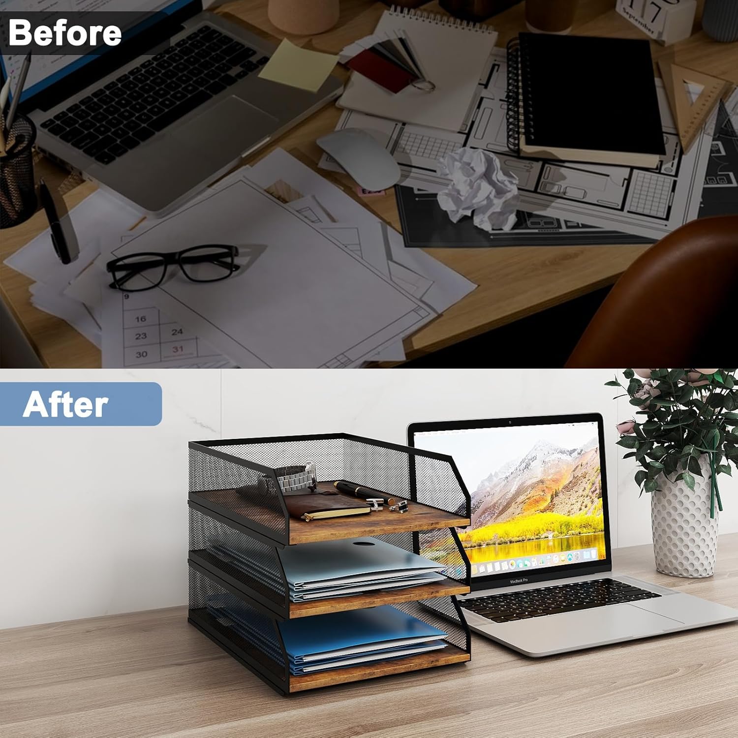 Natwind 3-Tier Stackable Paper Tray, Metal Mesh Desktop Organizer, Wood Board Paper Sorter, Letter Trays,File Document Storage Rack for for Home, Office, School (Retro) 14 - northernschoolofshiatsu.co.uk