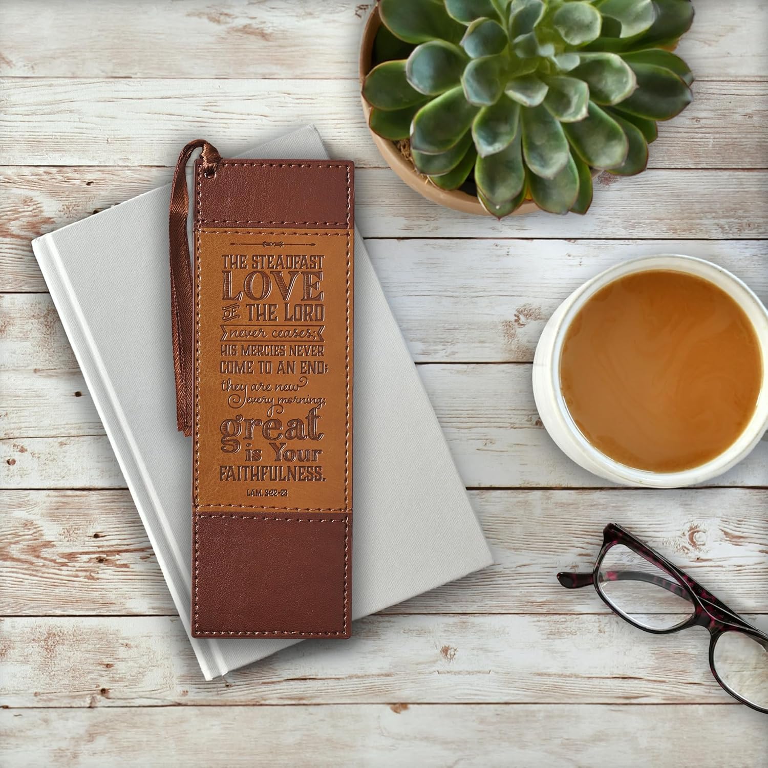 Christian Art Gifts Premium Vegan Leather Bookmark for Men: Steadfast Love - Lamentations 3:22-23 Inspirational Bible Verse, Heat-Debossed, Faith-Based Reading Accessory, Two-Tone Brown with Tassel 6 - northernschoolofshiatsu.co.uk