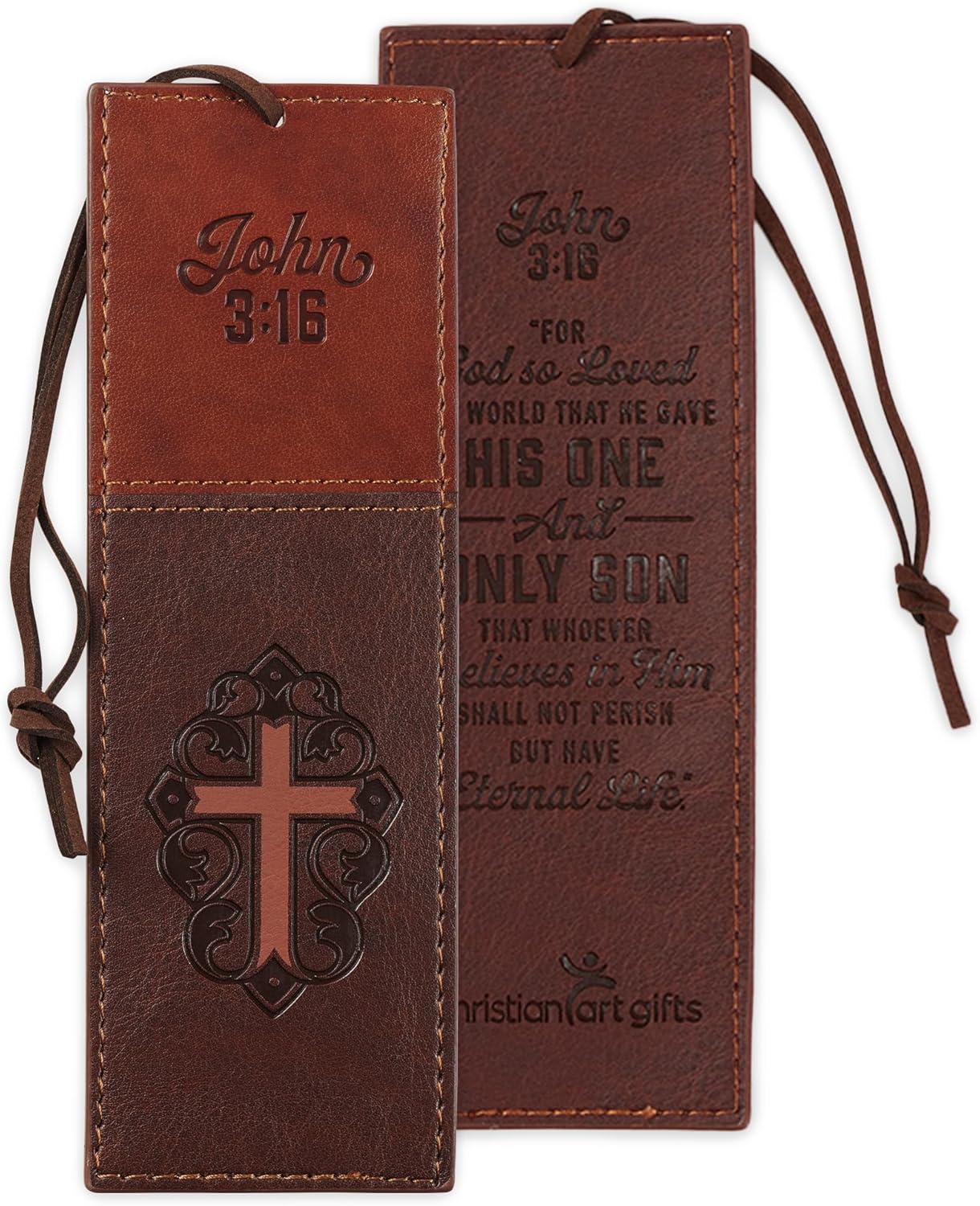 Christian Art Gifts Premium Vegan Faux Leather Scripture Bookmark for Men & Women: Cross - John 3:16 Inspirational Bible Verse, Heat-Debossed, Faith-Based Reading Accessory with Cord, Two-Tone Brown 1 - northernschoolofshiatsu.co.uk
