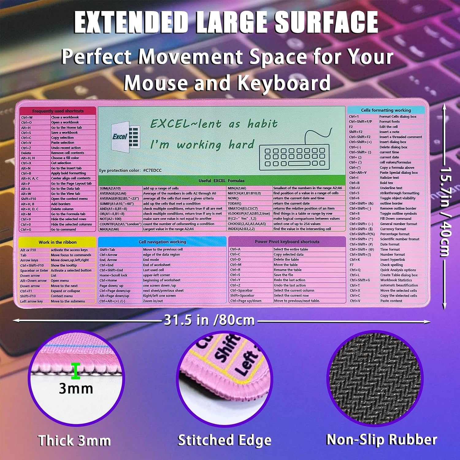 Pink MS Excel Shortcut Mouse Pad Desk Mat,Large Excel Cheat Sheet Desk Pad,Spreadsheet Keyboard Mats Mousepad,Non-Slip Stitched Edge,Office Desk Essentials for Women,31.5 * 15.7 inch 2 81hb68d+jTL. AC SL1500 - northernschoolofshiatsu.co.uk