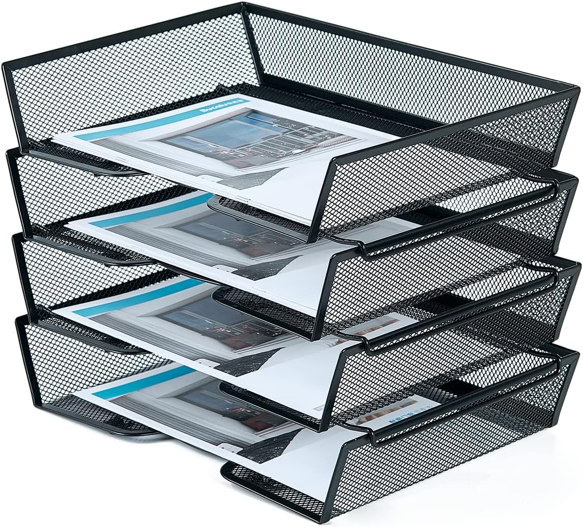 SETTFRFE 4 Tier Metal Mesh Desk Organizer-Stackable Letter Trays for Office Supplies,Black File Storage System with Reinforced Edges 1 - northernschoolofshiatsu.co.uk