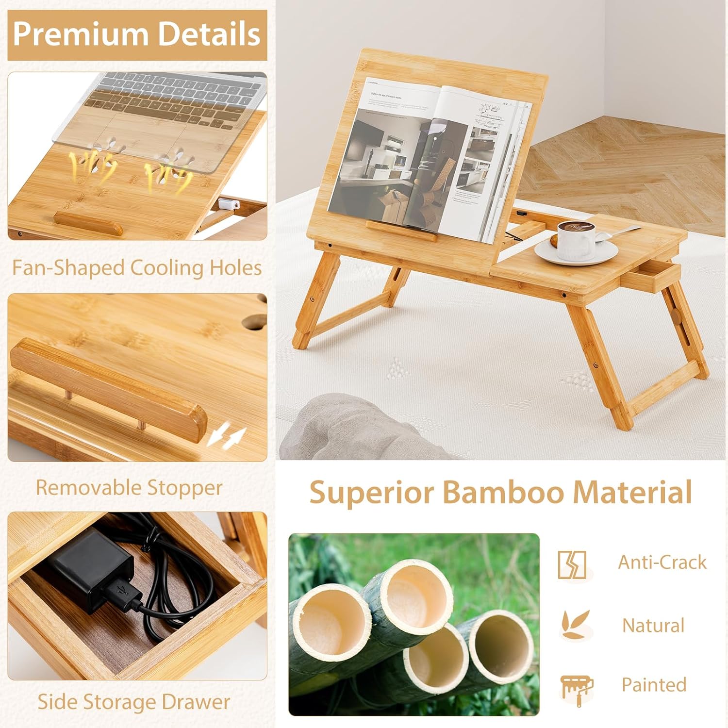 Giantex Bamboo Laptop Desk for Bed, Adjustable Serving Tray Breakfast Table with Tilting Desktop, Folding Lap Tray with Removable Stopper, Cooling Holes & Small Side Drawer (Natural), GT67948-HWCF 5 - northernschoolofshiatsu.co.uk