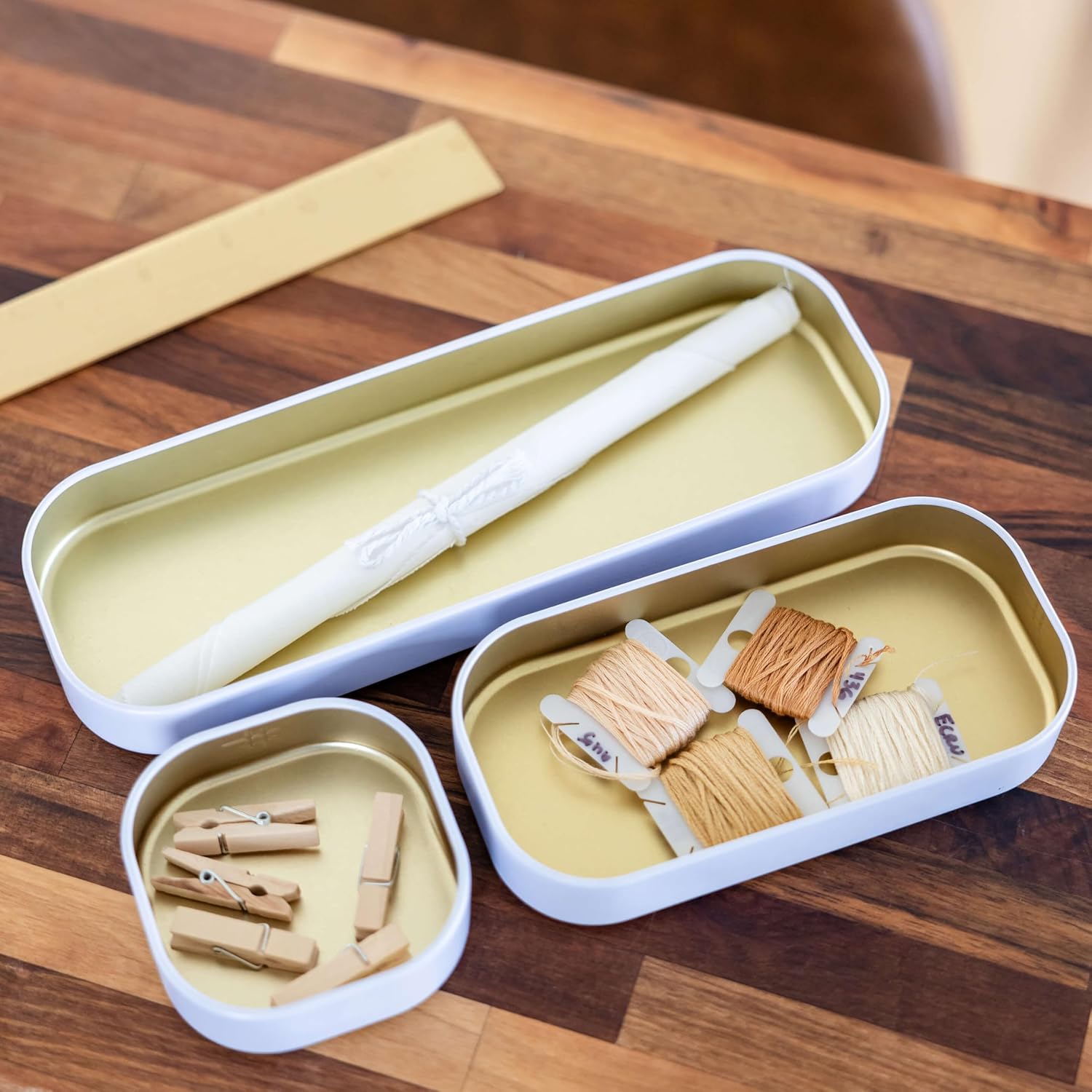 Three by Three Seattle 3 Piece Shallow Metal Organizer Tray Set for Storing Makeup, Stationery, Utensils, and More in Office Desk, Kitchen and Bathroom Drawers (1 Inch, Gold and White) 7 81ltDRy6JjL. AC SL1500 - northernschoolofshiatsu.co.uk