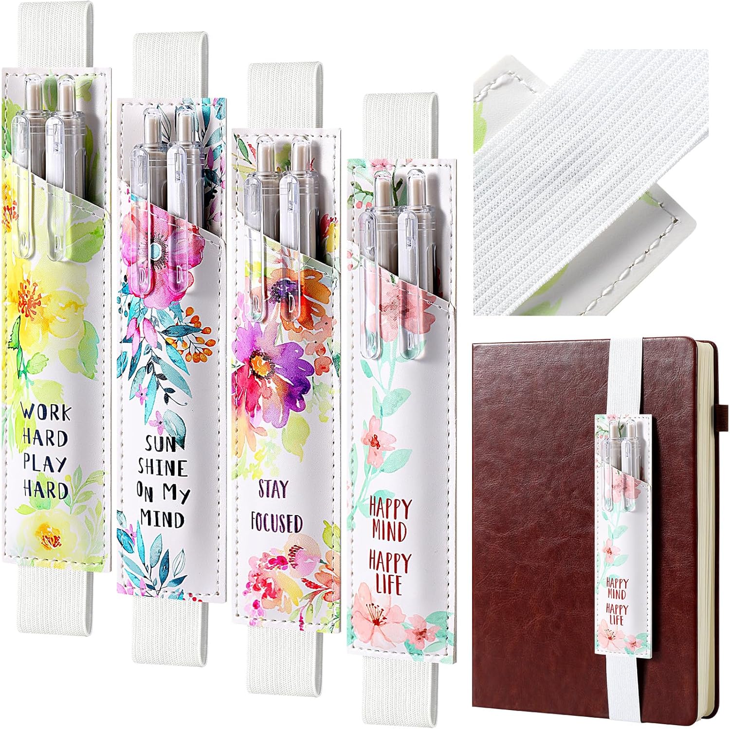 Crtiin 4 Pieces Adjustable Elastic Band Pen Holder, Pencil Holder, Pen Sleeve Pouch for Hardcover Journals, Notebooks for Back to School Gift, PU Leather 8 x 1.5 Inch(Floral) 1 81q0 - northernschoolofshiatsu.co.uk