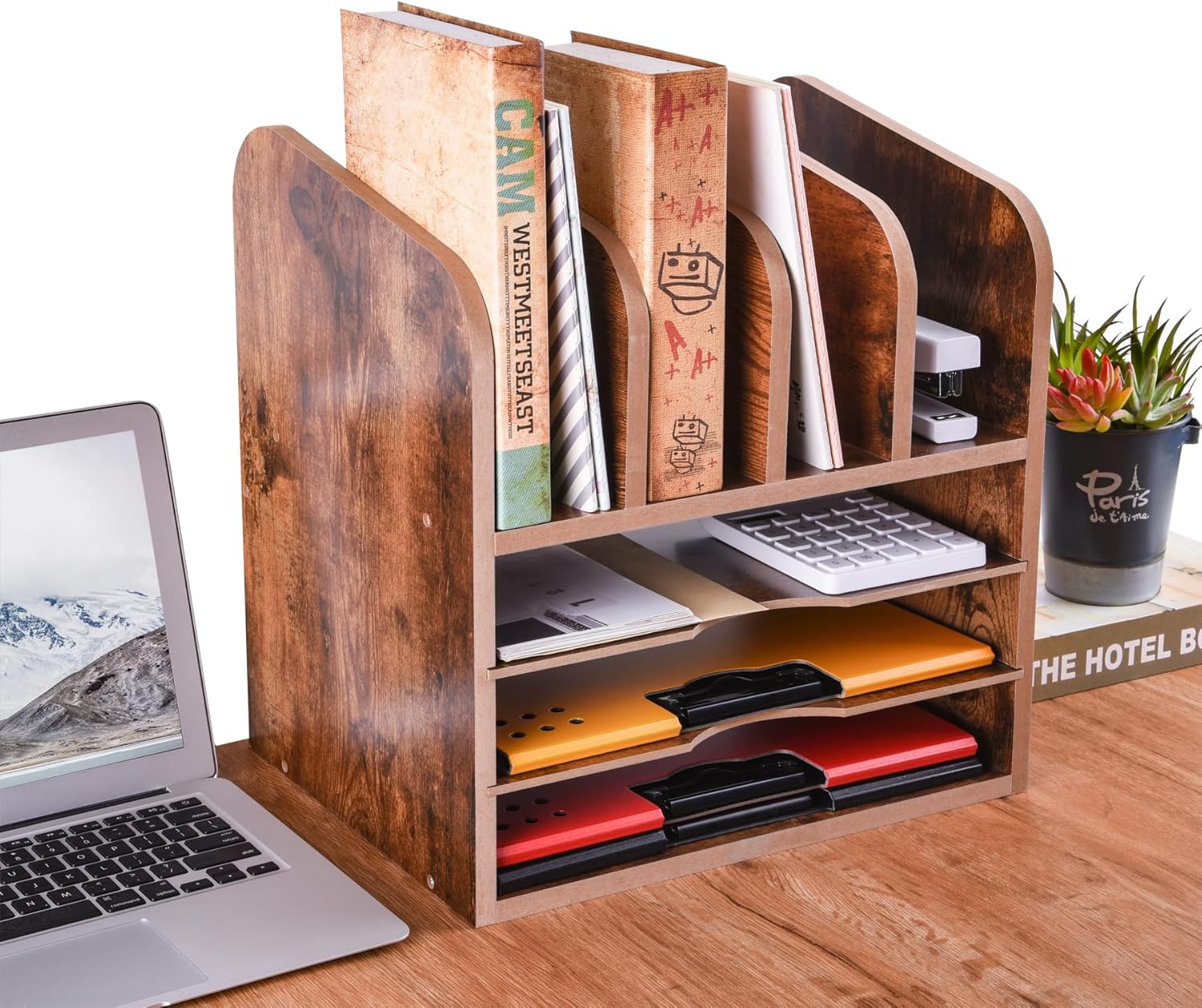 WuGeShop 3 Tier Wooden Desk File Organizer with 4 Vertical File Holders, Desktop Paper Organizer with 4 Upright Section, Wood Paper Tray File Holder for Home Office School, Brown 2 81rQ7E2BNGL. AC SL1500 - northernschoolofshiatsu.co.uk