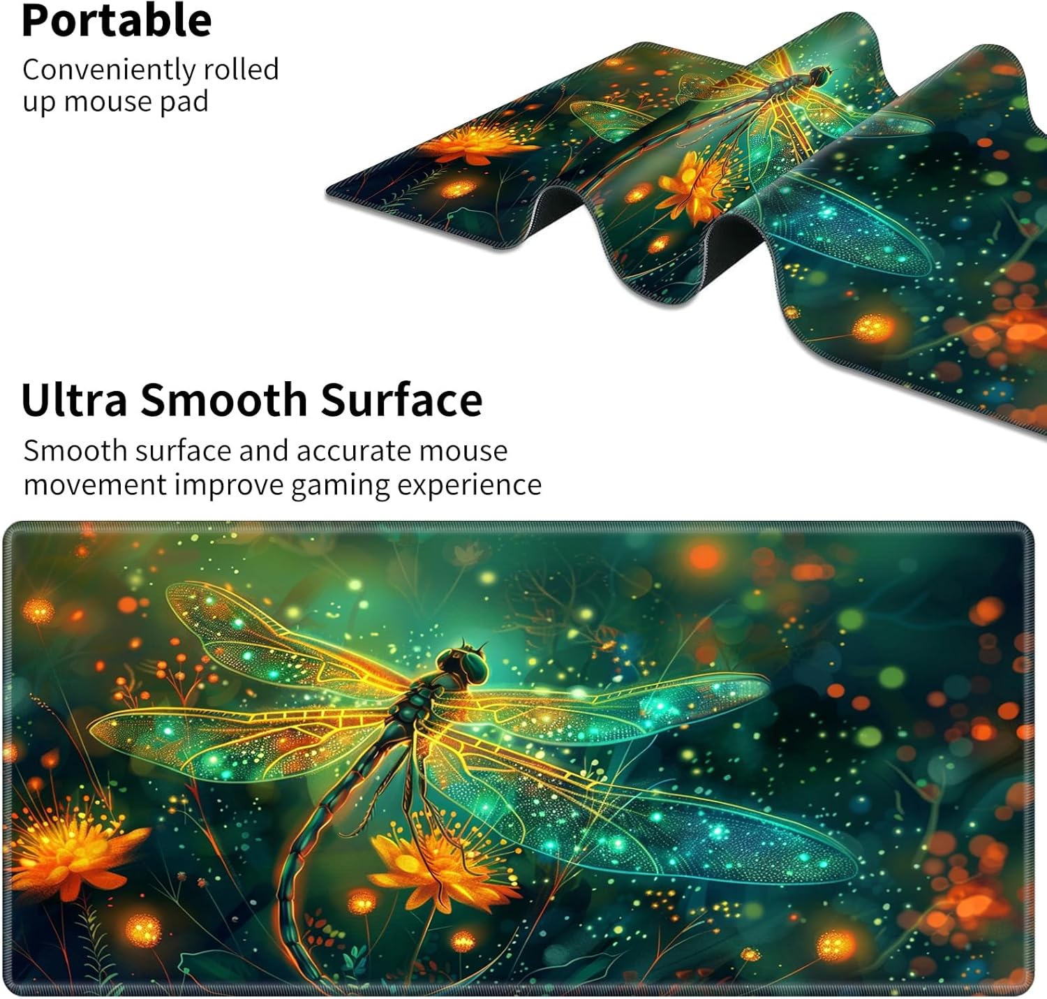 Small Desk Mat,Office Desk Pad for Office Work & Game,Computer Keyboard Mouse Mat Desk Non-Slip Rubber Base Small Mousepad with Stitched Edges for 23.6”x11.8”-Glowing Dragonfly 3 - northernschoolofshiatsu.co.uk