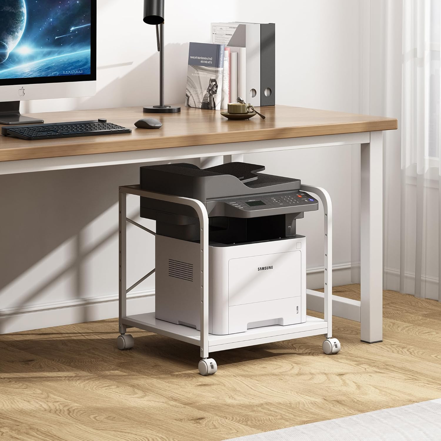 2 Tier Under Desk Printer Stand with Storage, 20 Inches Deep Large Printer Table with Height Adjustable Shelf, Rolling Printer Cart with Wheels for Home Office - Black 16 - northernschoolofshiatsu.co.uk