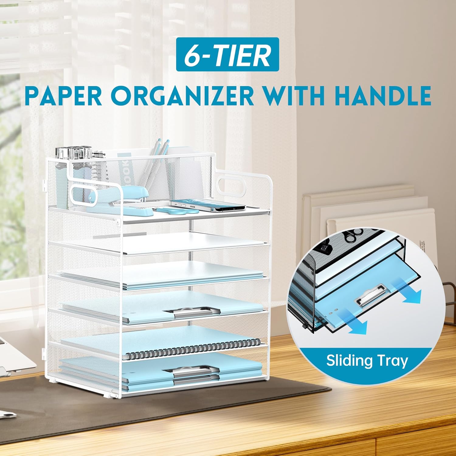 6-Tier Paper Letter Tray Organizer with Pen Holder, Mesh Desk Accessories & Workspace Organizers with Handle, File Sorter Office Supplies for Desk, White 2 - northernschoolofshiatsu.co.uk
