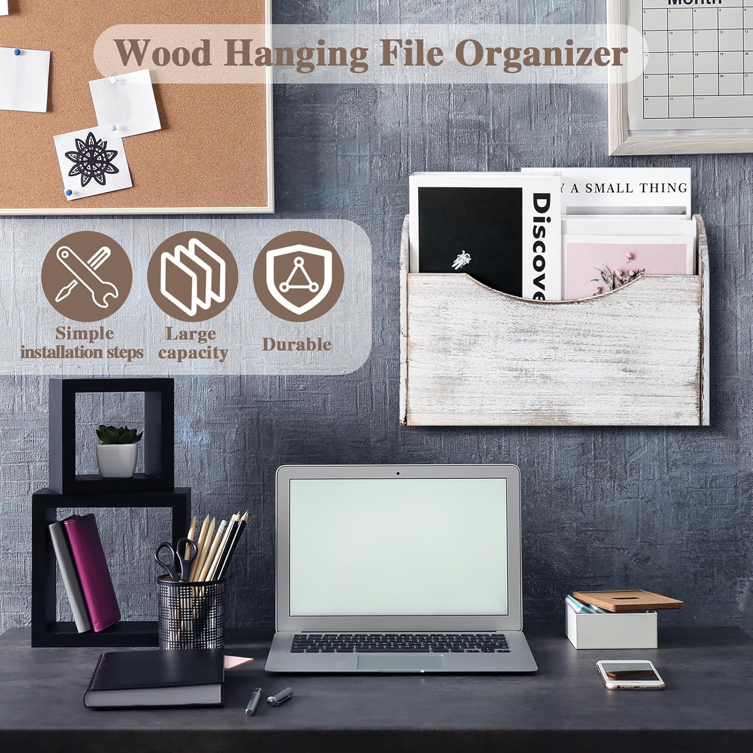 Suzile Wall Mounted File Holder Wood Magazine Holder Wall Hanging File Organizer for Office Mail Magazine Letter Paper Folder Organization(White) 3 - northernschoolofshiatsu.co.uk
