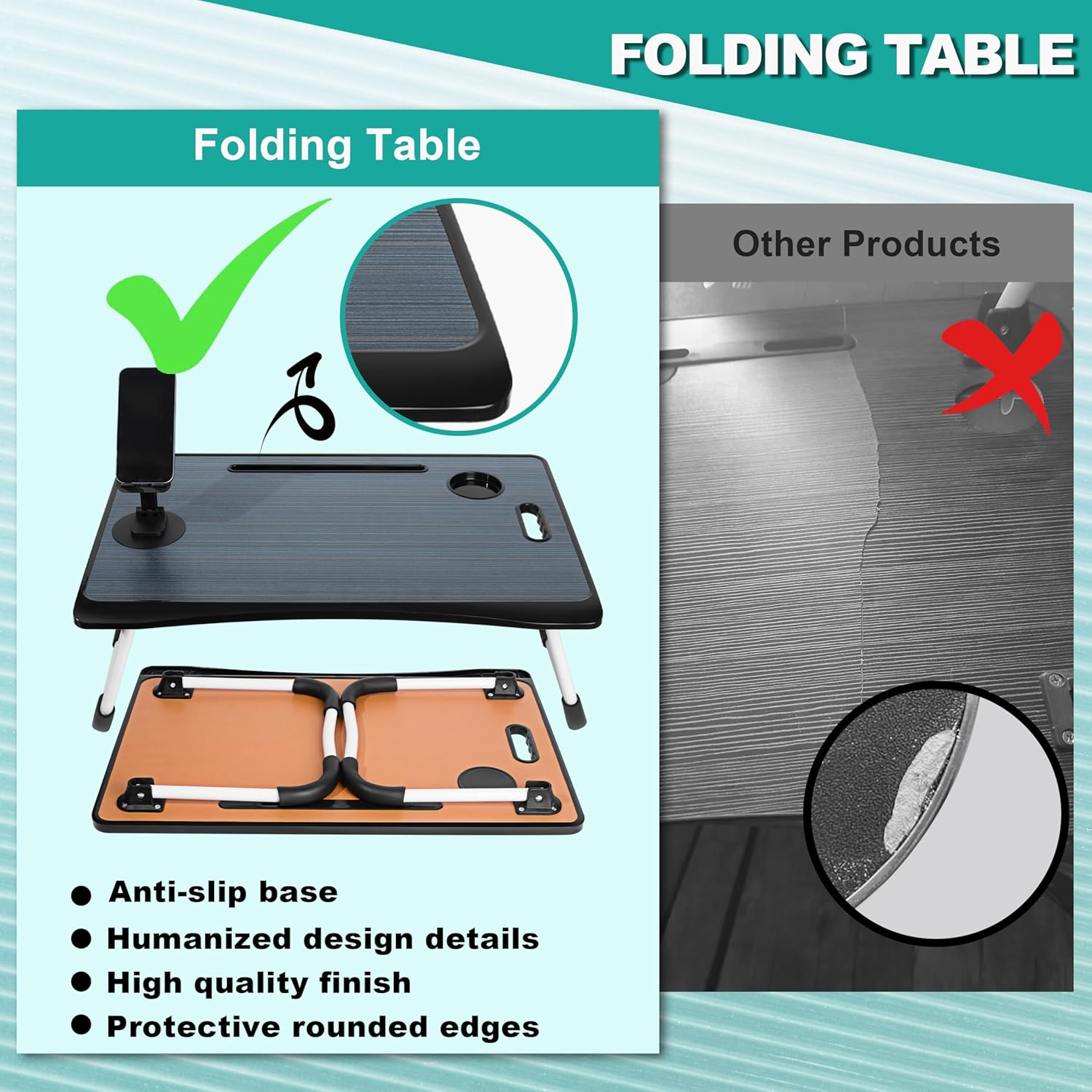 Lap Desk for Bed and Couch, 4-in-1 Foldable Laptop Desk with Cup Holder, Tablet Slot and Lifting Handle for Breakfast, Reading and Writing- Black 7 - northernschoolofshiatsu.co.uk