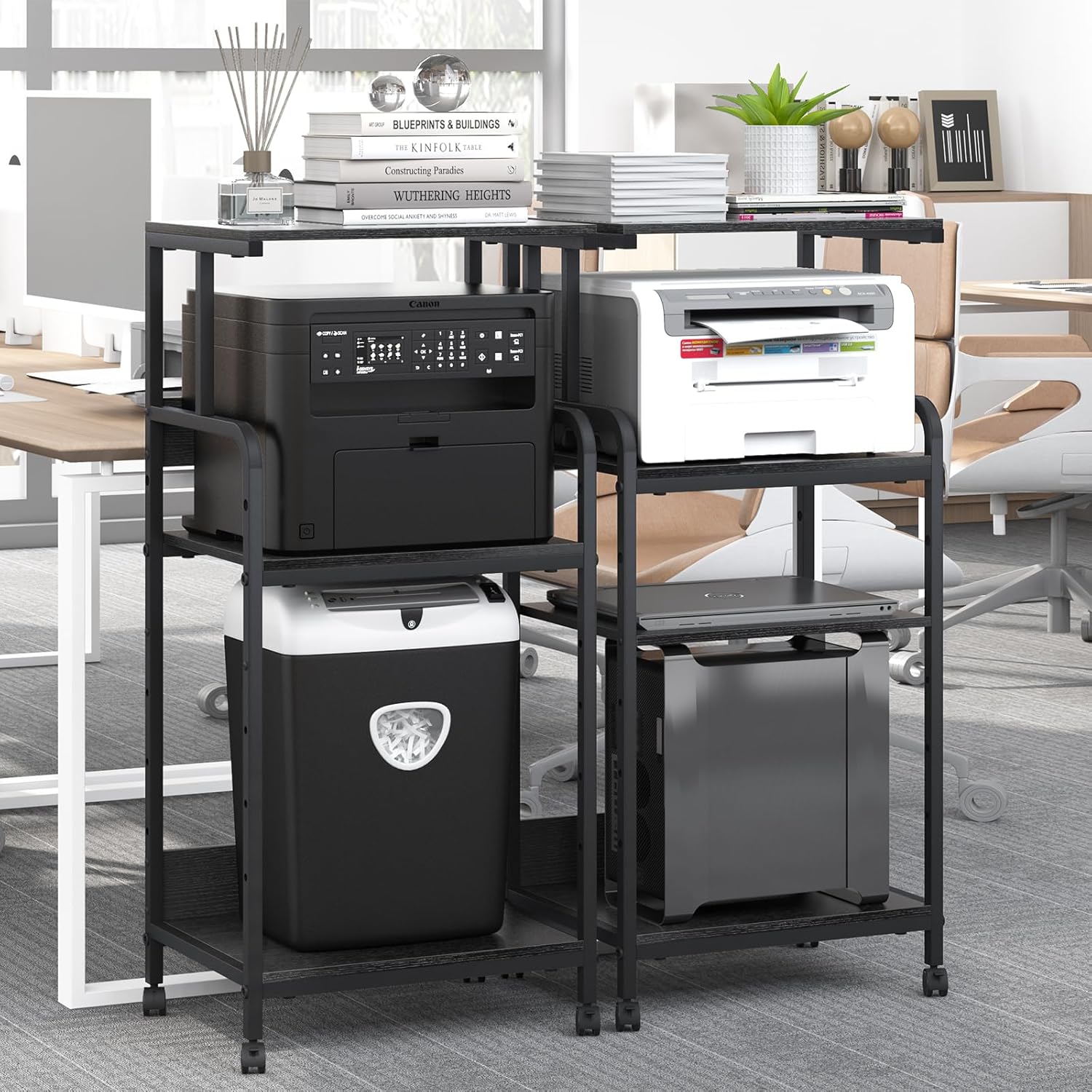 4 Tier Printer Stand with Storage Shelf, Large Tall Printer Cart with Wheels, Mobile Printer Table for Home Office, Adjustable Stands for Printer Heat Press Scanner Fax (Black), High 7 - northernschoolofshiatsu.co.uk