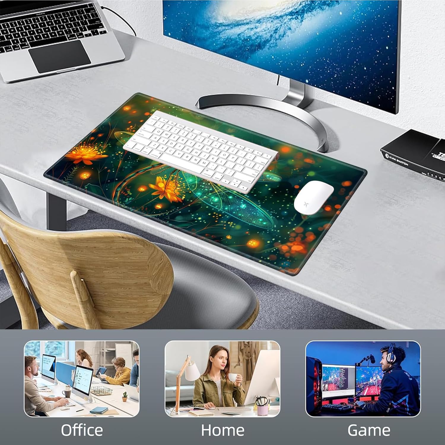 Small Desk Mat,Office Desk Pad for Office Work & Game,Computer Keyboard Mouse Mat Desk Non-Slip Rubber Base Small Mousepad with Stitched Edges for 23.6”x11.8”-Glowing Dragonfly 7 - northernschoolofshiatsu.co.uk