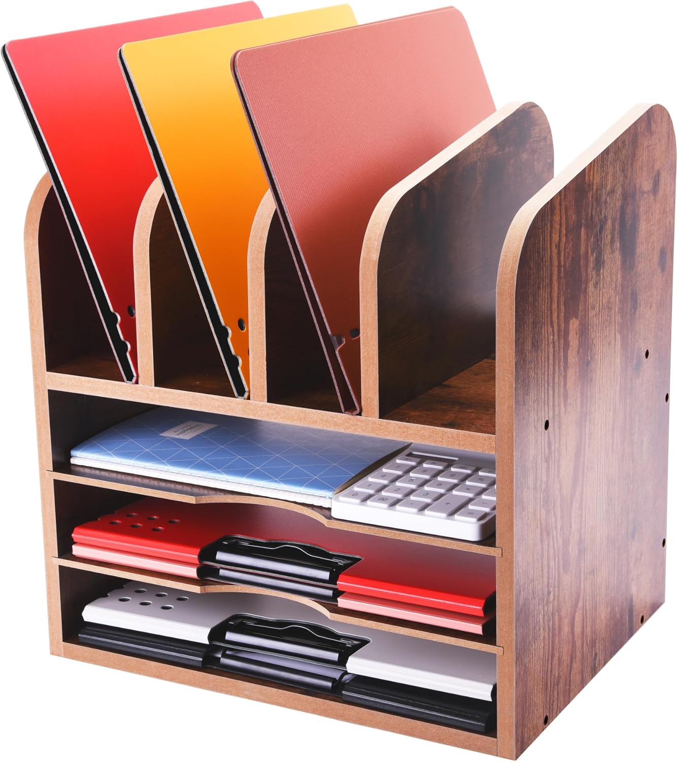 WuGeShop 3 Tier Wooden Desk File Organizer with 4 Vertical File Holders, Desktop Paper Organizer with 4 Upright Section, Wood Paper Tray File Holder for Home Office School, Brown 1 - northernschoolofshiatsu.co.uk