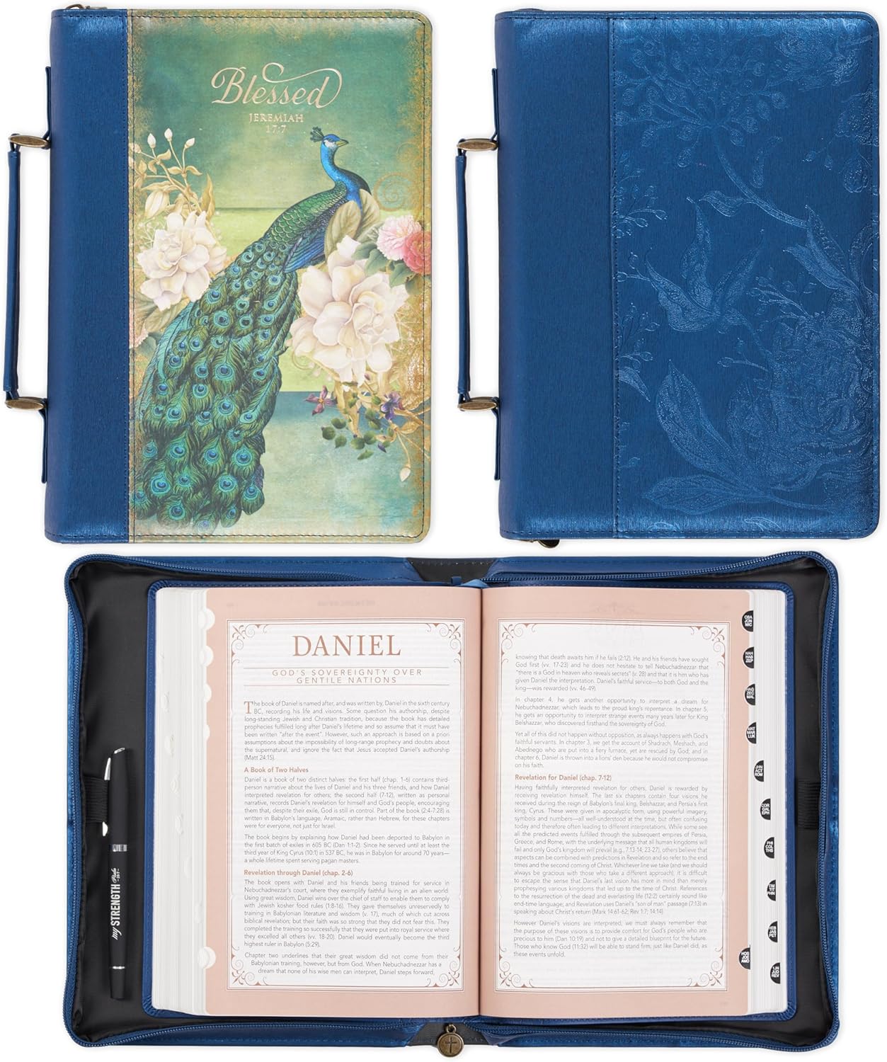 Christian Art Gifts Women's Vegan Leather Fashion Bible Cover Carry Case: Blessed - Jer. 17:17 Inspirational Scripture w/Cute Peacock & Multicolor Florals, Pockets, Pen Storage, Metallic Blue, Medium 1 91mra0O9 uL. AC SL1500 - northernschoolofshiatsu.co.uk